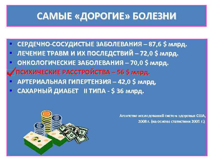 САМЫЕ «ДОРОГИЕ» БОЛЕЗНИ § СЕРДЕЧНО-СОСУДИСТЫЕ ЗАБОЛЕВАНИЯ – 87, 6 $ млрд. § ЛЕЧЕНИЕ ТРАВМ