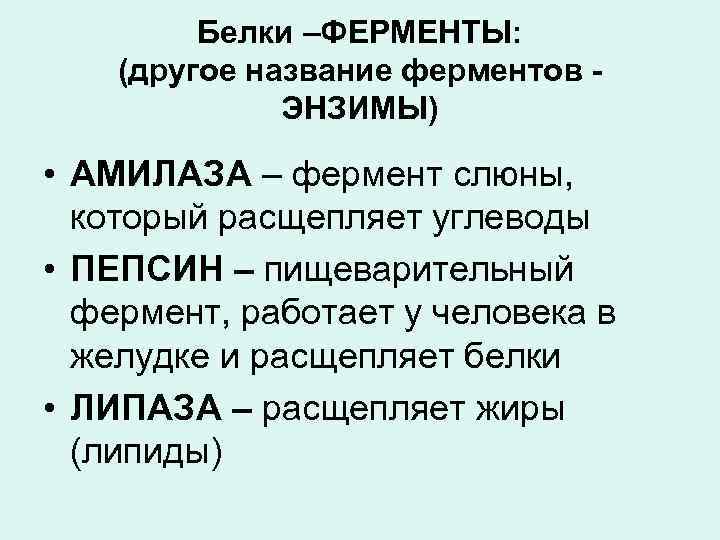 Белки –ФЕРМЕНТЫ: (другое название ферментов ЭНЗИМЫ) • АМИЛАЗА – фермент слюны, который расщепляет углеводы