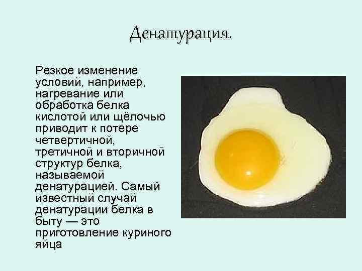 Денатурация. Резкое изменение условий, например, нагревание или обработка белка кислотой или щёлочью приводит к
