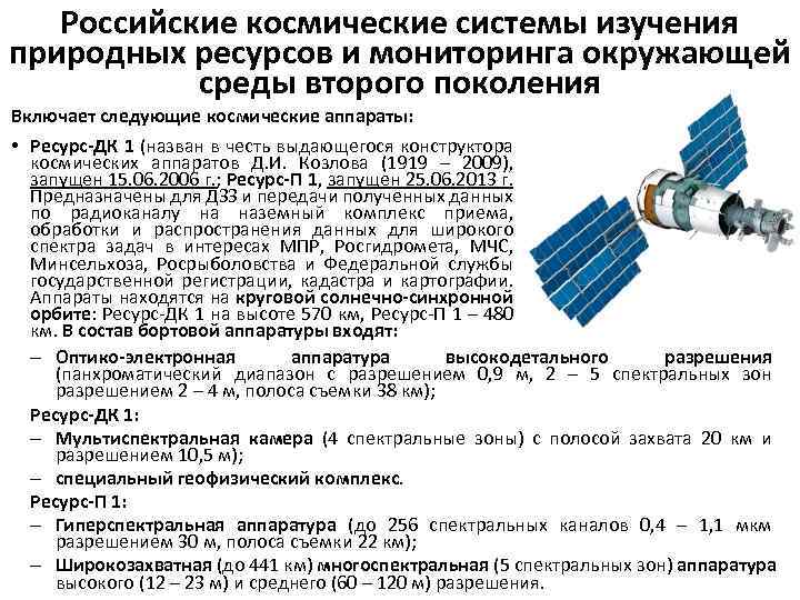 Российские космические системы изучения природных ресурсов и мониторинга окружающей среды второго поколения Включает следующие