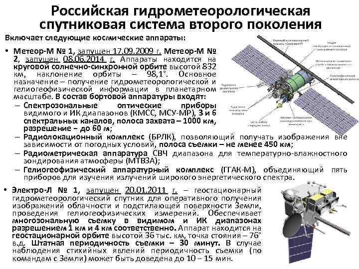 Российская гидрометеорологическая спутниковая система второго поколения Включает следующие космические аппараты: • Метеор-М № 1,