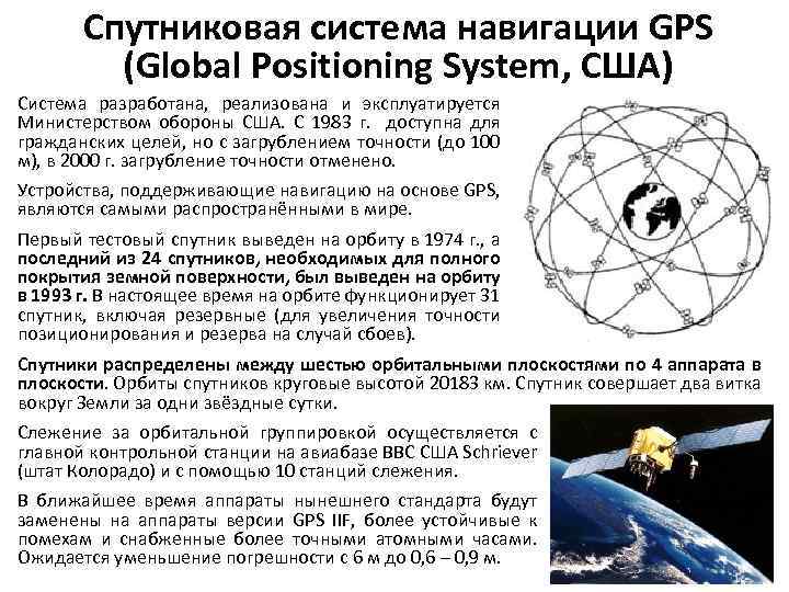 Спутниковая система навигации GPS (Global Positioning System, США) Система разработана, реализована и эксплуатируется Министерством