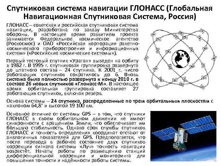 Спутниковая система навигации ГЛОНАСС (Глобальная Навигационная Спутниковая Система, Россия) ГЛОНАСС – советская и российская