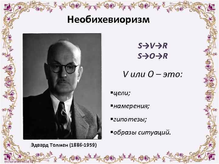 Необихевиоризм S→V→R S→O→R V или О – это: §цели; §намерения; §гипотезы; §образы ситуаций. Эдвард