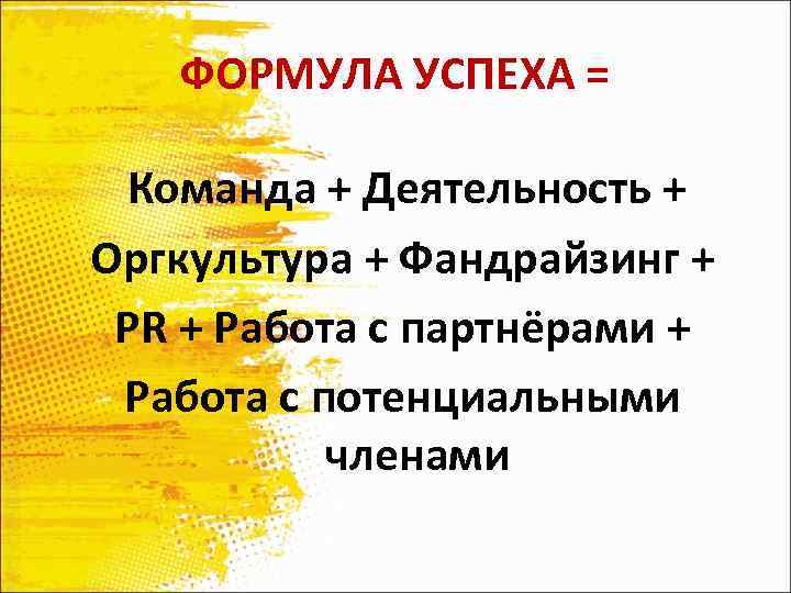 ФОРМУЛА УСПЕХА = Команда + Деятельность + Оргкультура + Фандрайзинг + PR + Работа