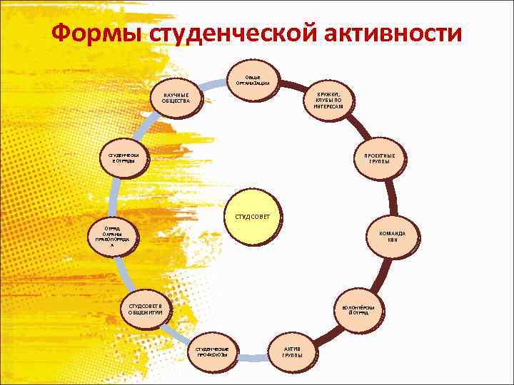 Формы студенческой активности ОБЩ-Е ОРГАНИЗАЦИИ КРУЖКИ, КЛУБЫ ПО ИНТЕРЕСАМ НАУЧНЫЕ ОБЩЕСТВА ПРОЕКТНЫЕ ГРУППЫ СТУДЕНЧЕСКИ