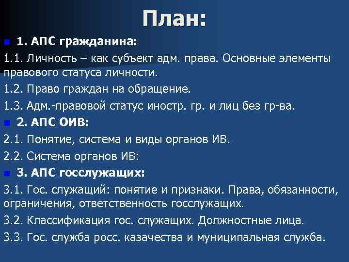 План: 1. АПС гражданина: 1. 1. Личность – как субъект адм. права. Основные элементы