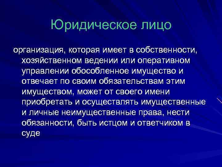 Юридическое лицо организация, которая имеет в собственности, хозяйственном ведении или оперативном управлении обособленное имущество