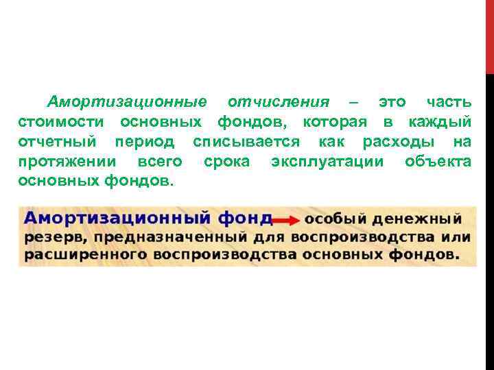 Амортизационные отчисления – это часть стоимости основных фондов, которая в каждый отчетный период списывается