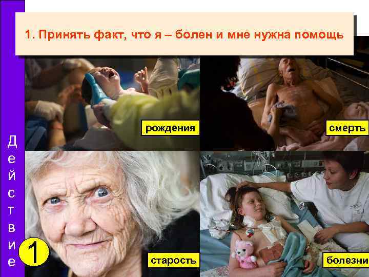 1. Принять факт, что я – болен и мне нужна помощь Д е й