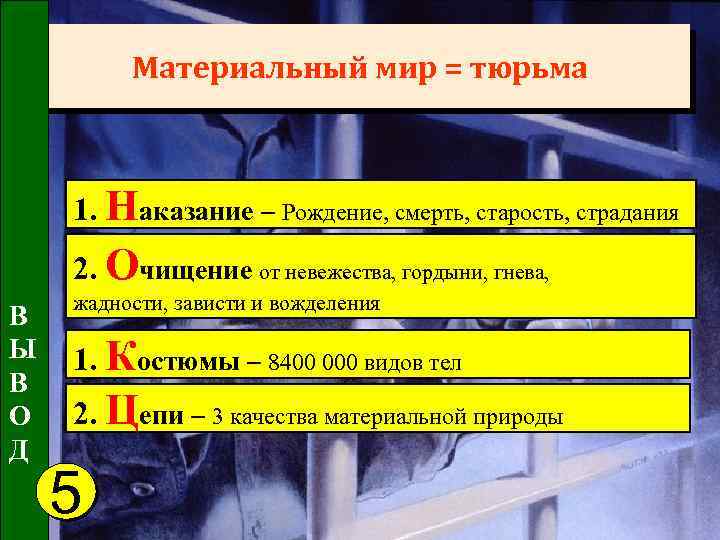 Материальный мир = тюрьма 1. Наказание – Рождение, смерть, старость, страдания 2. Очищение от