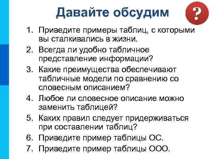 Давайте обсудим ? 1. Приведите примеры таблиц, с которыми вы сталкивались в жизни. 2.