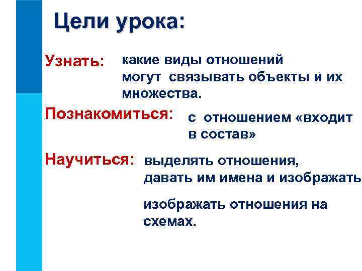 Цели урока: Узнать: какие виды отношений могут связывать объекты и их множества. Познакомиться: с