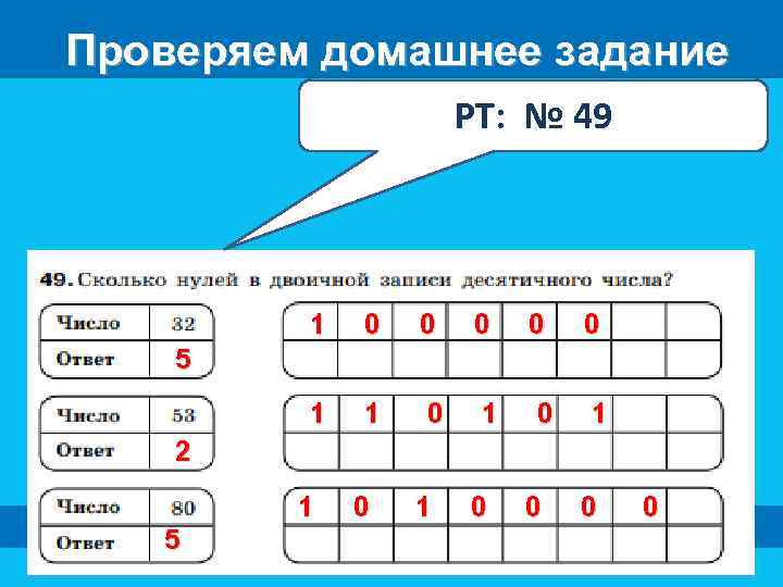 Проверяем домашнее задание РТ: № 49 1 0 0 0 1 1 0 1