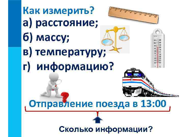 Как измерить? а) расстояние; б) массу; в) температуру; г) информацию? Отправление поезда в 13: