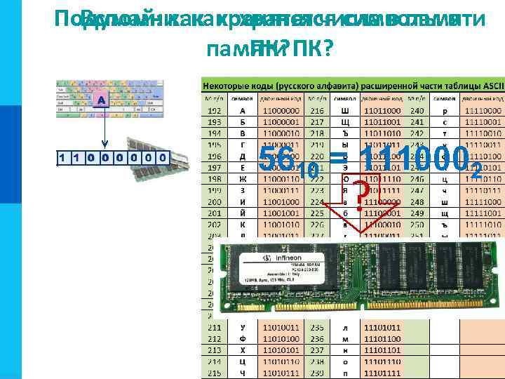 Подумай: как хранятся числа в памяти Вспомни: как хранятся символы в памяти ПК? 5610