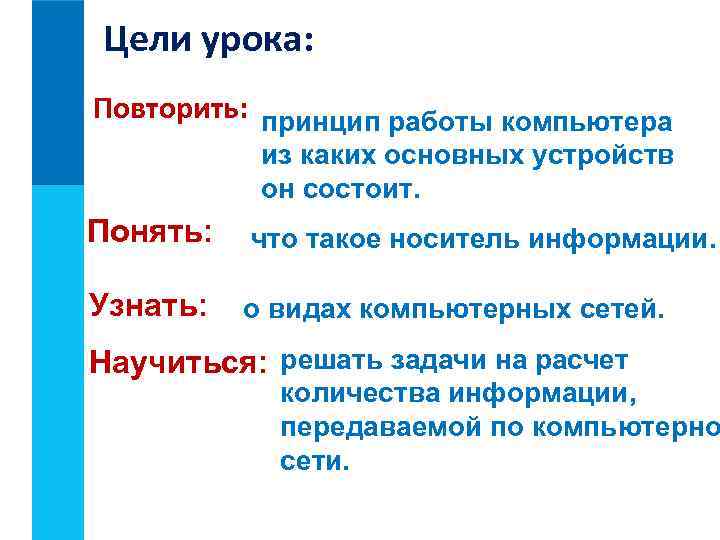 Цели урока: Повторить: принцип работы компьютера из каких основных устройств он состоит. Понять: что