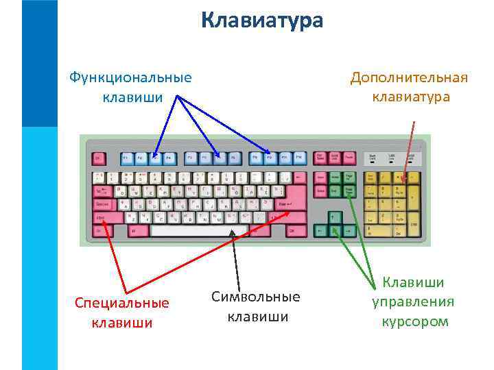 Клавиатура Дополнительная клавиатура Функциональные клавиши Специальные клавиши Символьные клавиши Клавиши управления курсором 