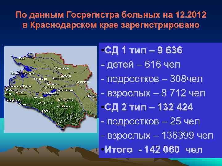 По данным Госрегистра больных на 12. 2012 в Краснодарском крае зарегистрировано • СД 1