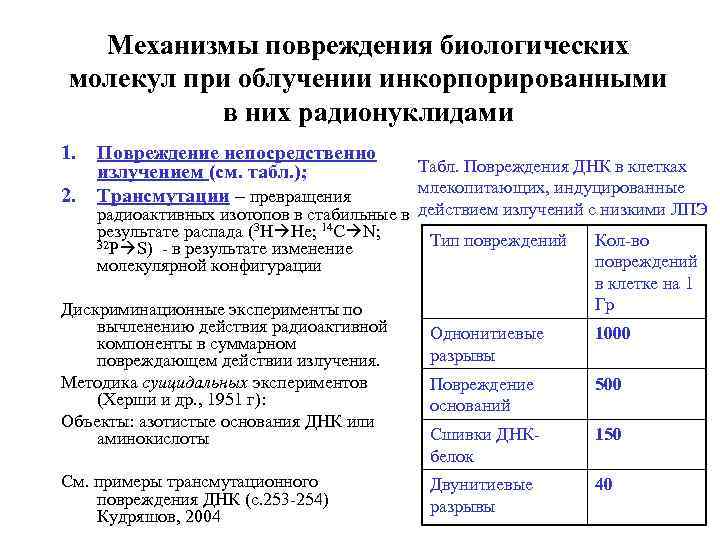 Механизмы повреждения биологических молекул при облучении инкорпорированными в них радионуклидами 1. Повреждение непосредственно излучением