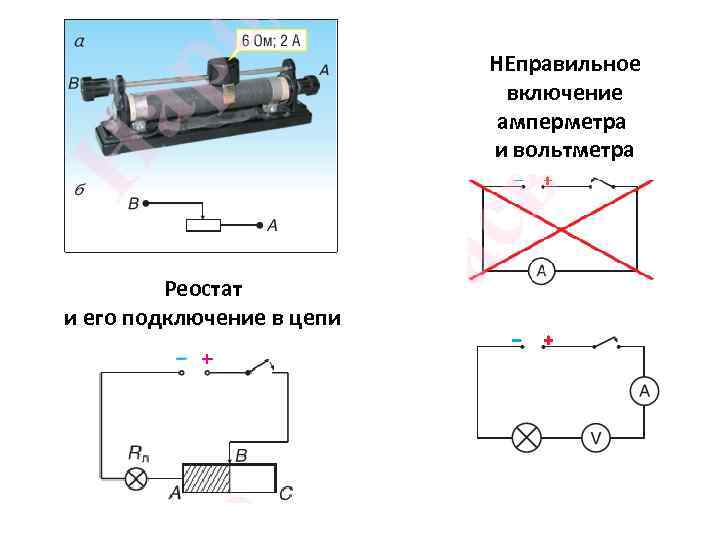 НЕправильное включение амперметра и вольтметра Реостат и его подключение в цепи 