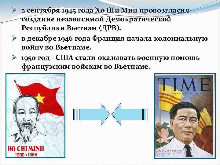 Ø 2 сентября 1945 года Хо Ши Мин провозгласил создание независимой Демократической Республики Вьетнам