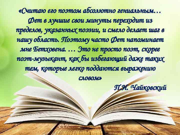  «Считаю его поэтом абсолютно гениальным… Фет в лучшие свои минуты переходит из пределов,