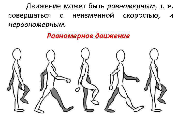 Движение может быть равномерным, т. е. совершаться с неизменной скоростью, и неравномерным. Равномерное движение