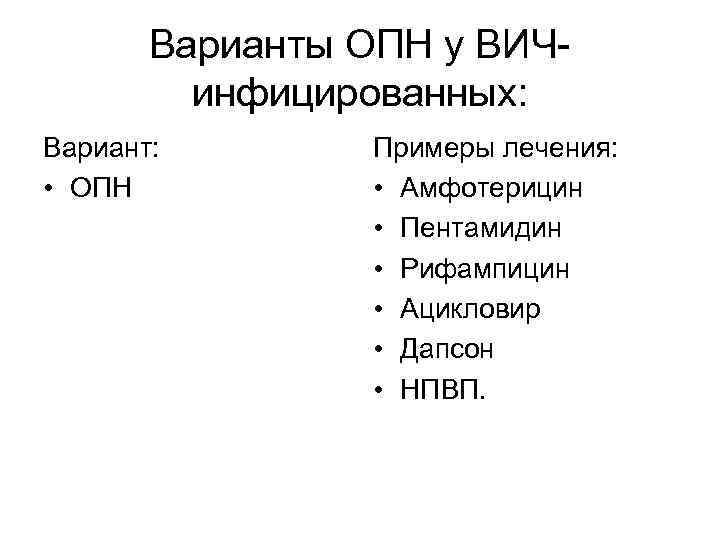 Варианты ОПН у ВИЧинфицированных: Вариант: • ОПН Примеры лечения: • Амфотерицин • Пентамидин •