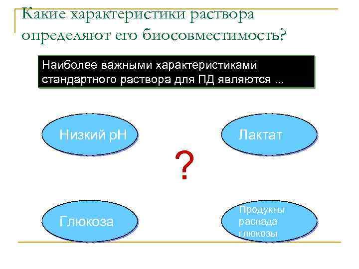 Какие характеристики раствора определяют его биосовместимость? Наиболее важными характеристиками стандартного раствора для ПД являются.