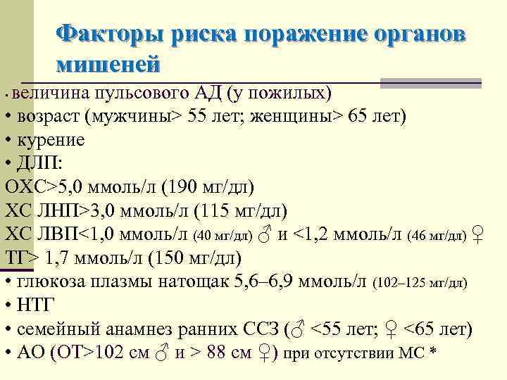 Факторы риска поражение органов мишеней величина пульсового АД (у пожилых) • возраст (мужчины> 55