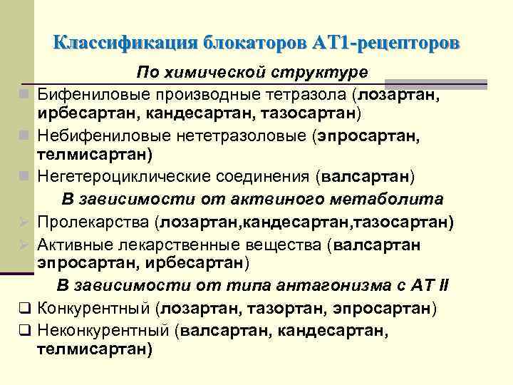 Классификация блокаторов АТ 1 -рецепторов n n n Ø Ø q q По химической
