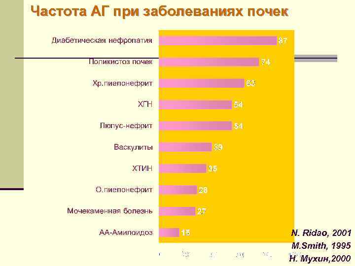 Частота АГ при заболеваниях почек N. Ridao, 2001 M. Smith, 1995 Н. Мухин, 2000