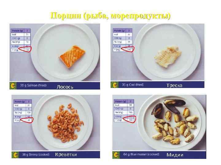 Порции (рыба, морепродукты) Лосось Треска Креветки Мидии 