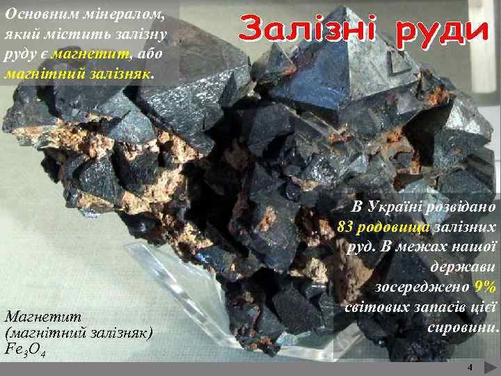 Основним мінералом, який містить залізну руду є магнетит, або магнітний залізняк. Магнетит (магнітний залізняк)