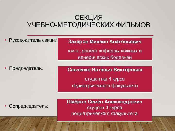 СЕКЦИЯ УЧЕБНО-МЕТОДИЧЕСКИХ ФИЛЬМОВ • Руководитель секции: Захаров Михаил Анатольевич к. м. н. , доцент