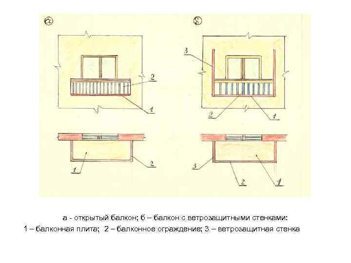 а - открытый балкон; б – балкон с ветрозащитными стенками: 1 – балконная плита;