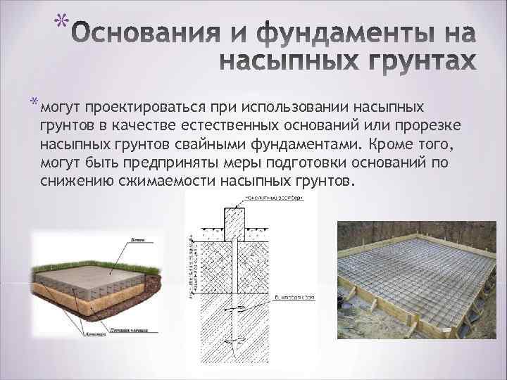 * *могут проектироваться при использовании насыпных грунтов в качестве естественных оснований или прорезке насыпных