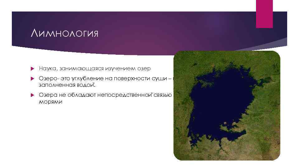 Лимнология Наука, занимающаяся изучением озер Озеро- это углубление на поверхности суши – котловина, частично