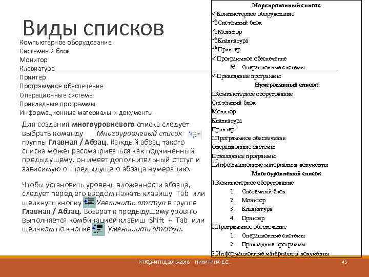 Виды списков Компьютерное оборудование Системный блок Монитор Клавиатура Принтер Программное обеспечение Операционные системы Прикладные