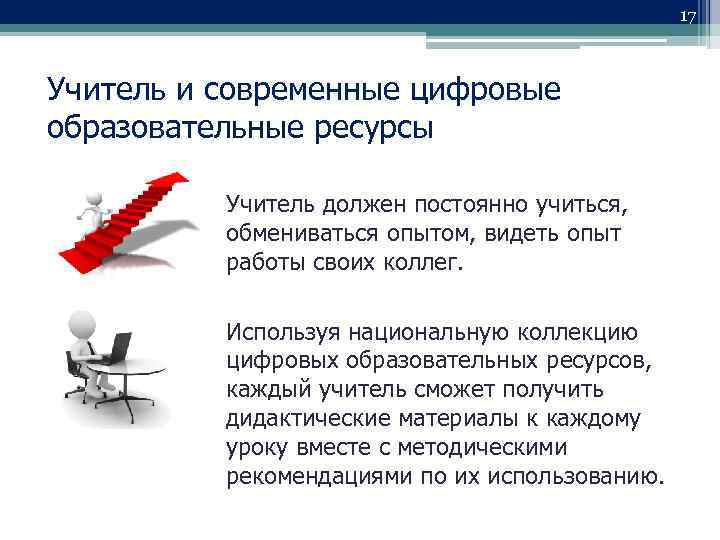 17 Учитель и современные цифровые образовательные ресурсы Учитель должен постоянно учиться, обмениваться опытом, видеть