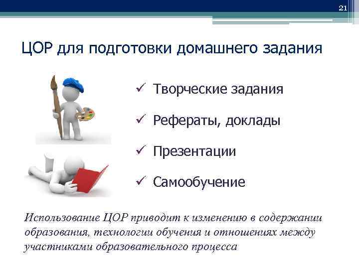 21 ЦОР для подготовки домашнего задания Творческие задания Рефераты, доклады Презентации Самообучение Использование ЦОР