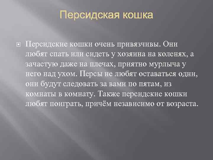 Персидская кошка Персидские кошки очень привязчивы. Они любят спать или сидеть у хозяина на