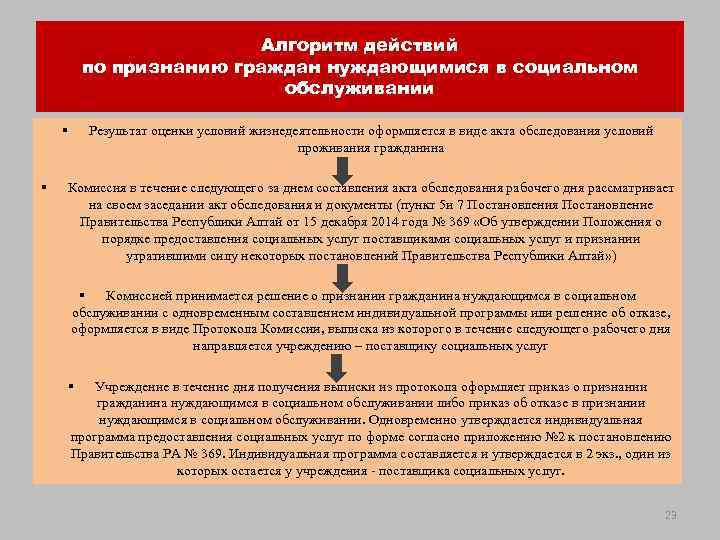 Алгоритм действий по признанию граждан нуждающимися в социальном обслуживании § § Результат оценки условий