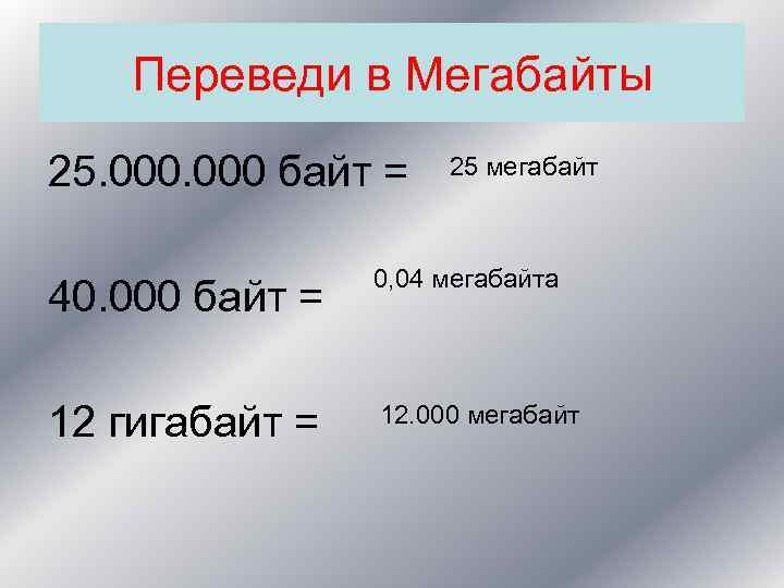 Переведи в Мегабайты 25. 000 байт = 25 мегабайт 40. 000 байт = 0,