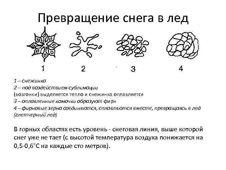 Превращение снега в лед 1 – снежинка 2 – под воздействием сублимации (возгонки) выделяется