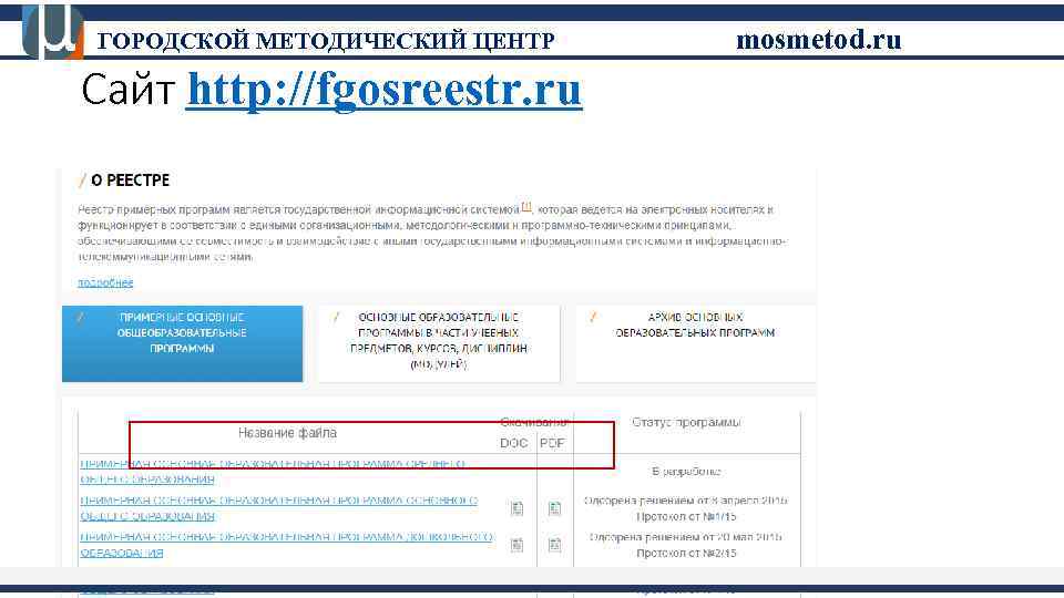 ГОРОДСКОЙ МЕТОДИЧЕСКИЙ ЦЕНТР Сайт http: //fgosreestr. ru mosmetod. ru 