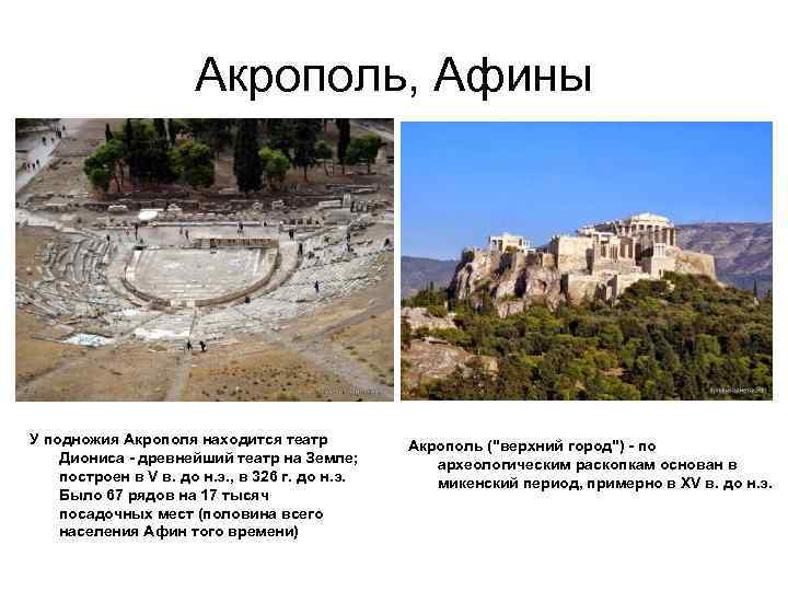 Акрополь, Афины У подножия Акрополя находится театр Диониса - древнейший театр на Земле; построен