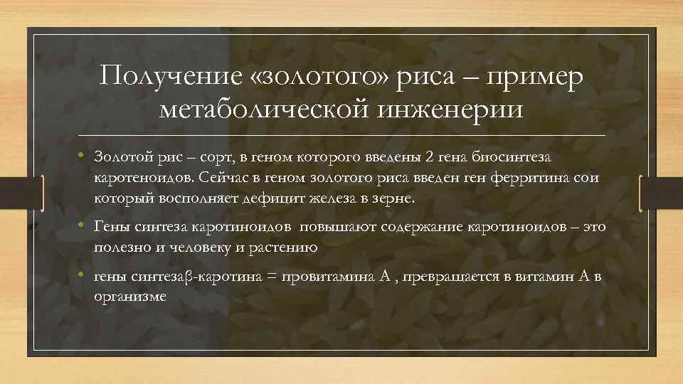 Получение «золотого» риса – пример метаболической инженерии • Золотой рис – сорт, в геном