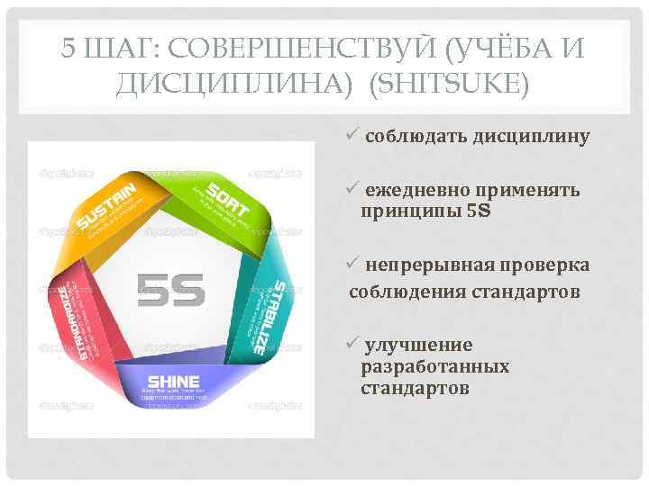 5 ШАГ: СОВЕРШЕНСТВУЙ (УЧЁБА И ДИСЦИПЛИНА) (SHITSUKE) ü соблюдать дисциплину ü ежедневно применять принципы